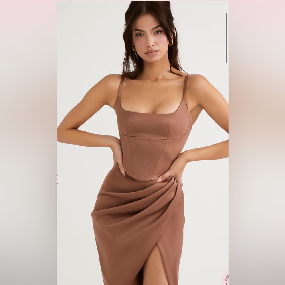 House of CB - BIANCA Mocha Satin Corset Midi Dress